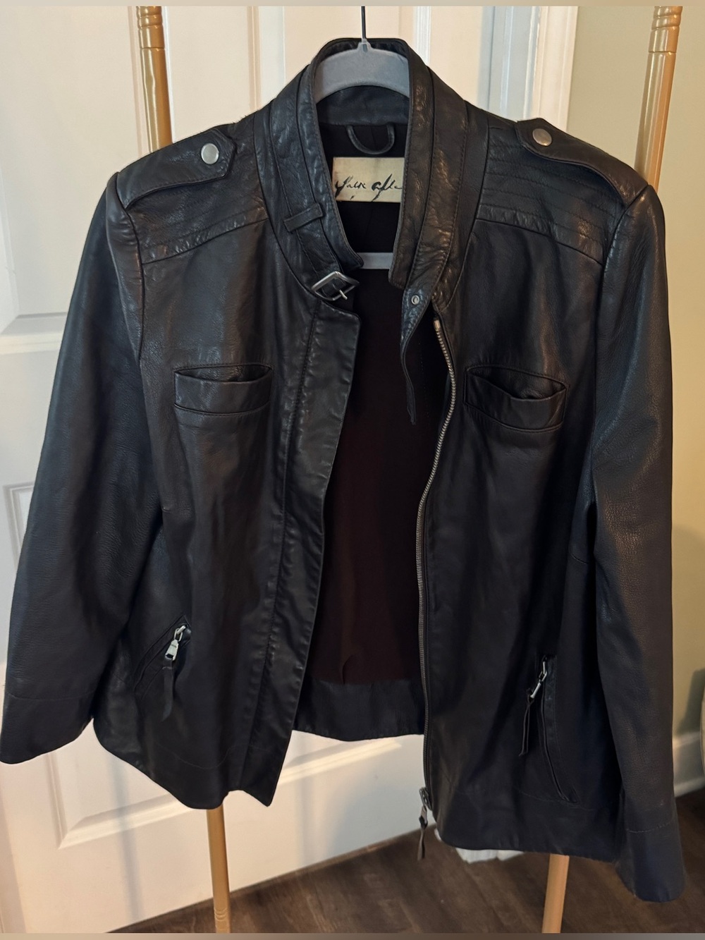 Classic chocolate Brown Leather Moto Jacket with Snap Epaulettes